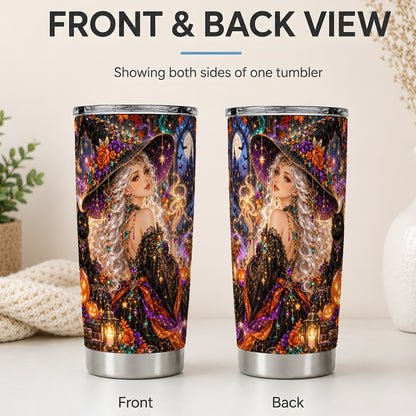 #pl[20oz|Steel] Halloween Witch 20oz Tumbler with Black Cat, Pumpkin and Moon Artwork