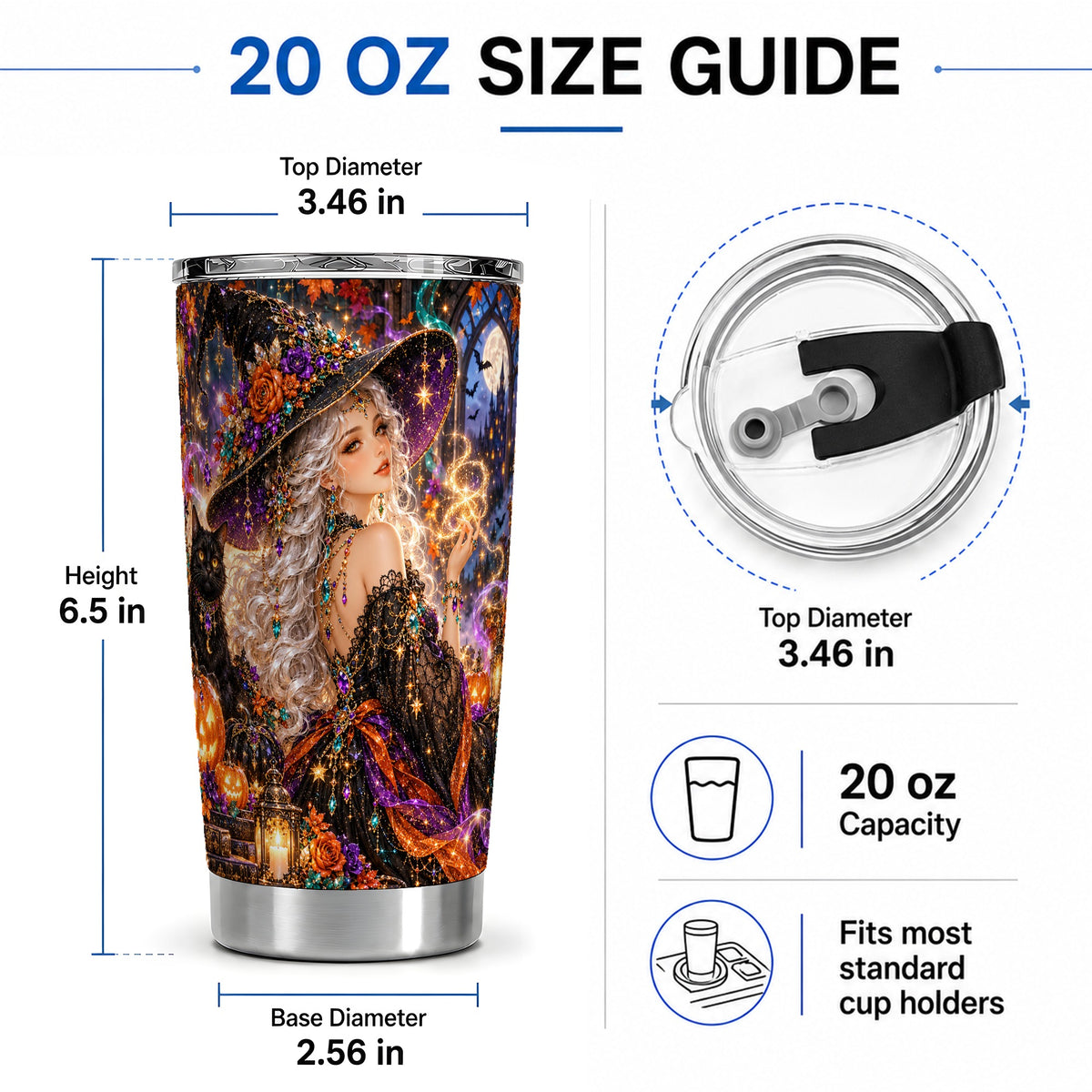 #pl[20oz|Steel] Halloween Witch 20oz Tumbler with Black Cat, Pumpkin and Moon Artwork