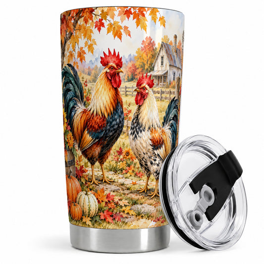 #pl[20oz|Steel] Autumn Rooster 20oz Tumbler with Farmhouse Pumpkin and Fall Leaf Artwork