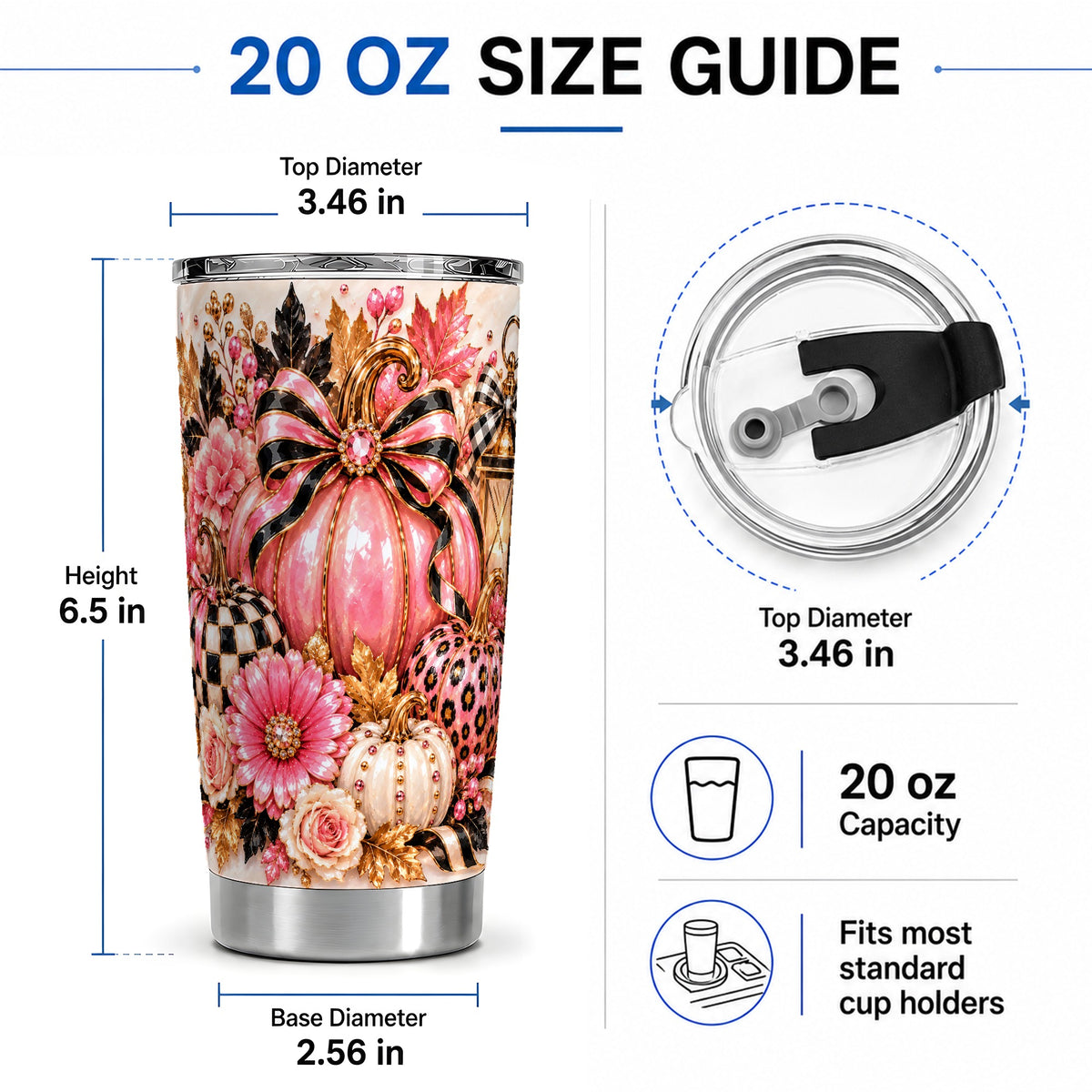 #pl[20oz|Steel] Pink Pumpkin 20oz Tumbler with Bow, Floral and Checkered Fall Artwork