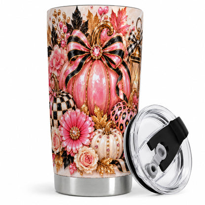 #pl[20oz|Steel] Pink Pumpkin 20oz Tumbler with Bow, Floral and Checkered Fall Artwork