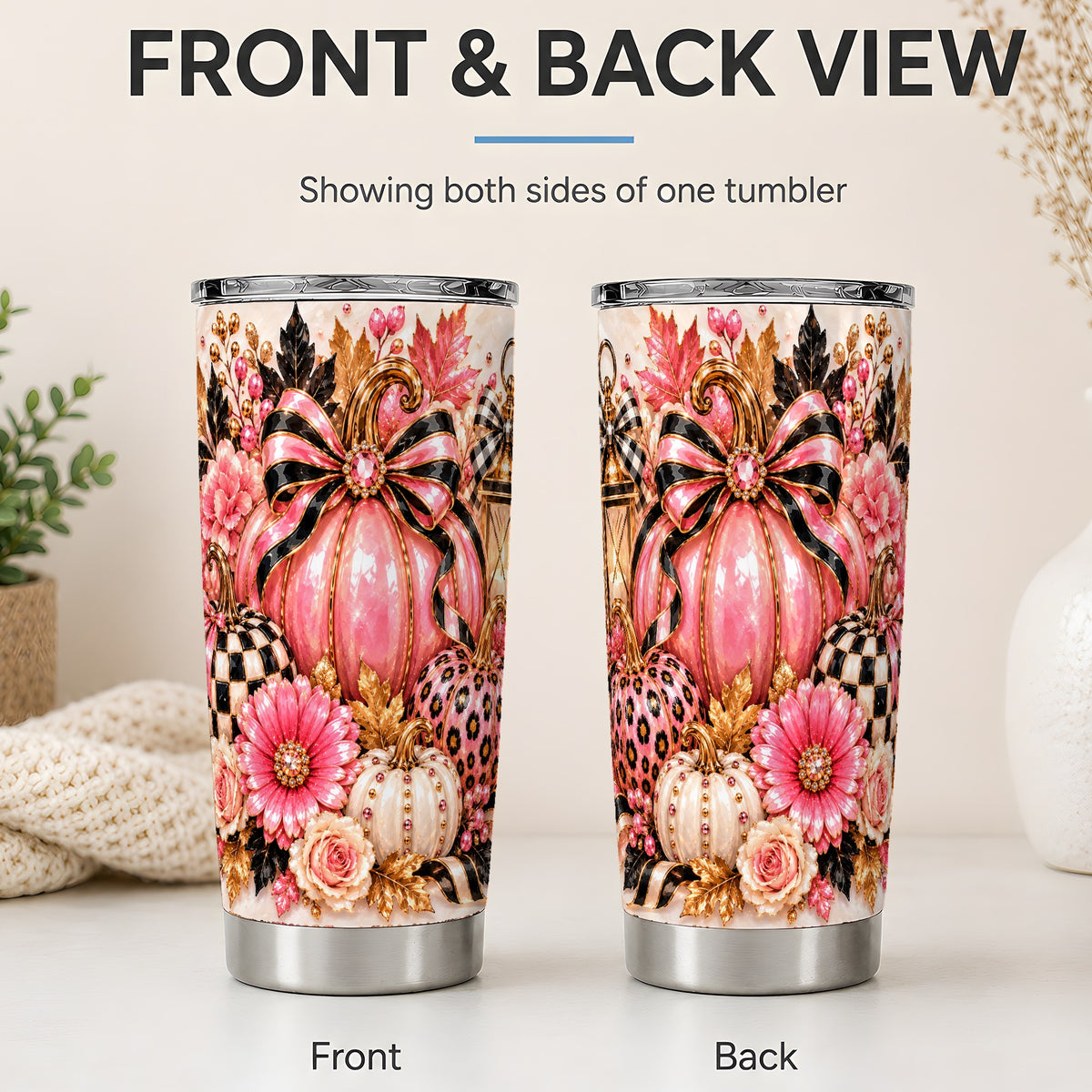 #pl[20oz|Steel] Pink Pumpkin 20oz Tumbler with Bow, Floral and Checkered Fall Artwork