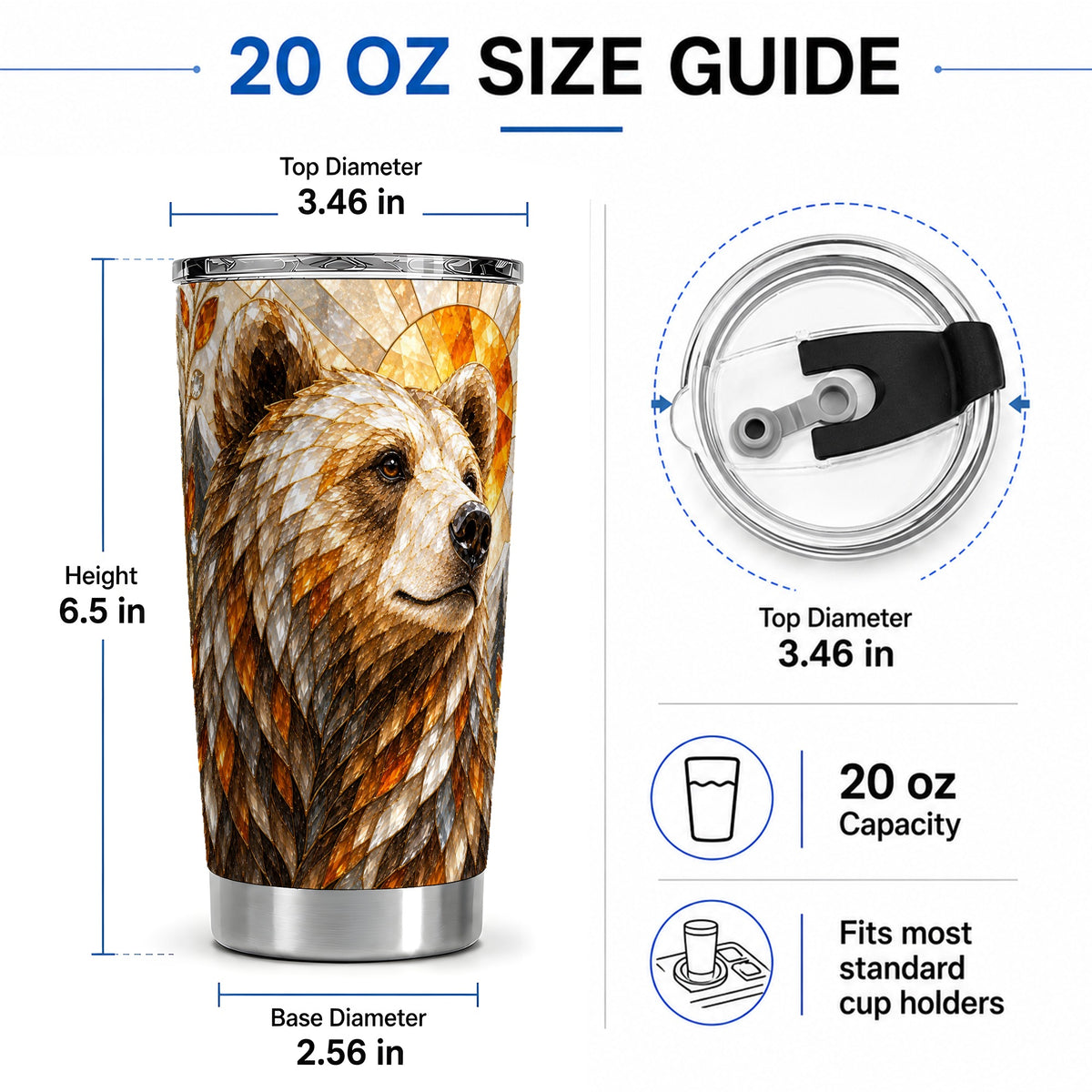#pl[20oz|Steel] Autumn Bear 20oz Tumbler with Stained Glass Style Forest and Sun Artwork