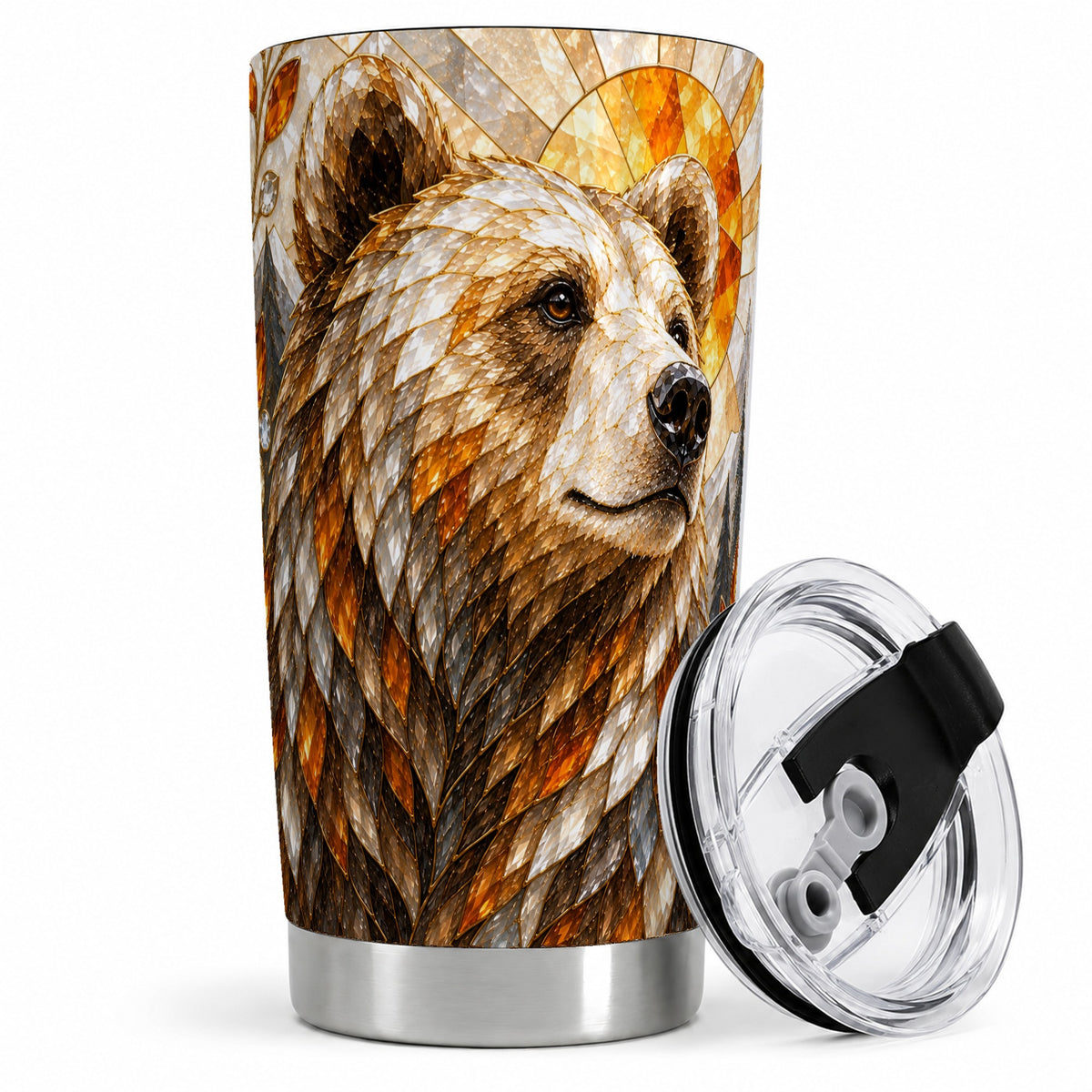 #pl[20oz|Steel] Autumn Bear 20oz Tumbler with Stained Glass Style Forest and Sun Artwork