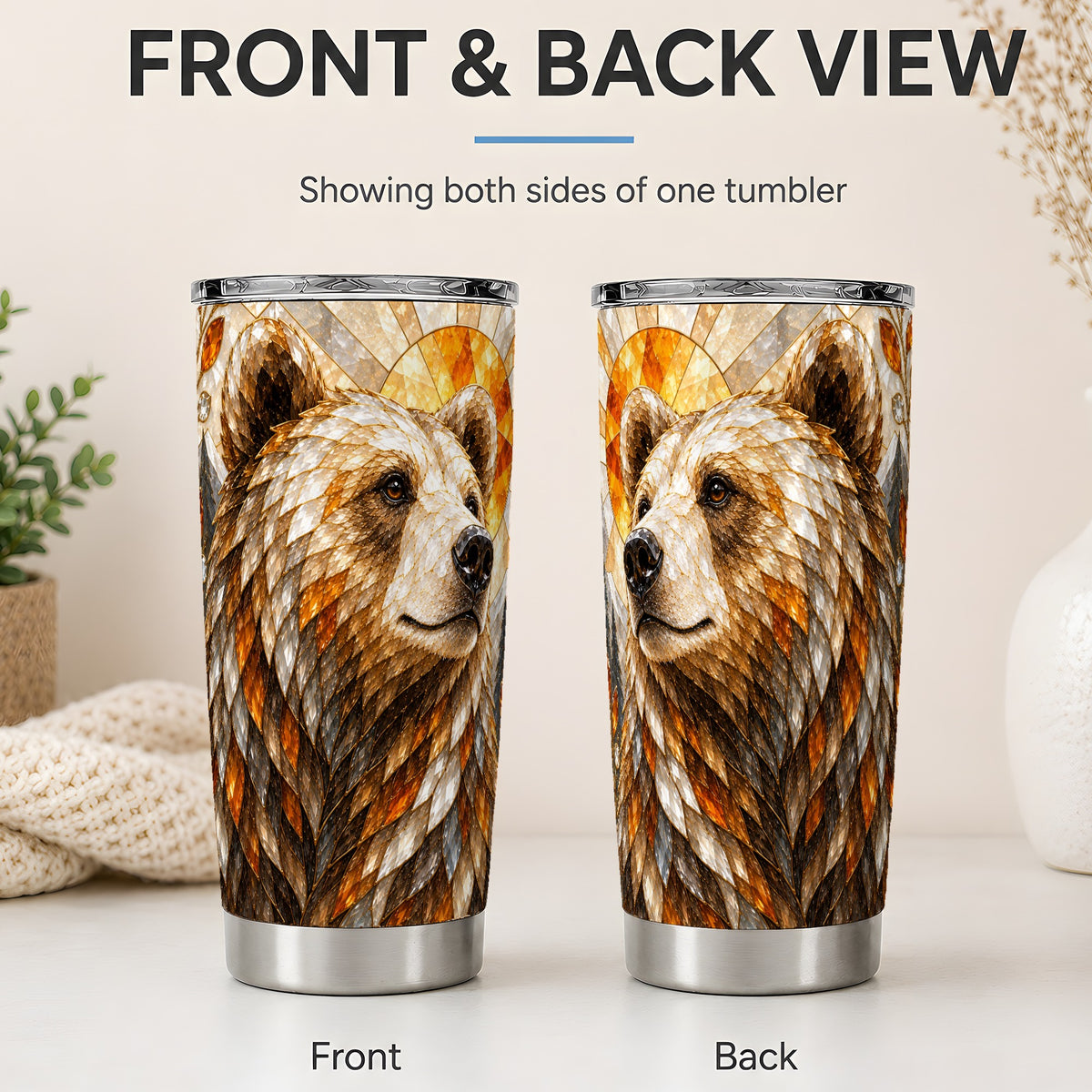#pl[20oz|Steel] Autumn Bear 20oz Tumbler with Stained Glass Style Forest and Sun Artwork