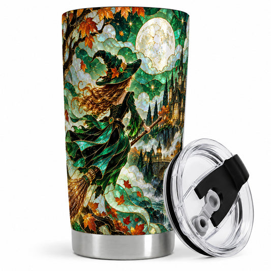 #pl[20oz|Steel] Autumn Witch 20oz Tumbler with Moon, Castle and Fall Leaf Artwork