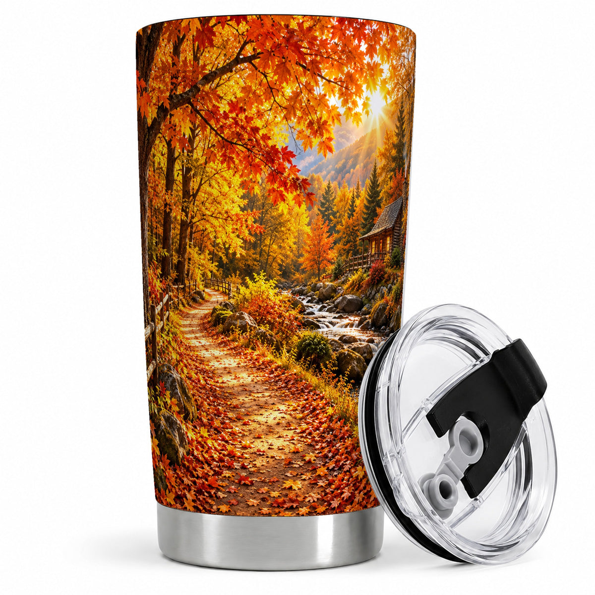 #pl[20oz|Steel] Autumn Cabin 20oz Tumbler with Forest, Creek and Fall Leaf Artwork