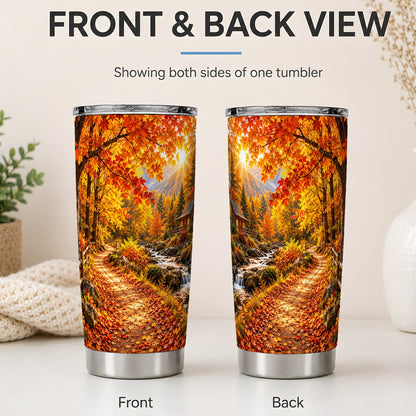 #pl[20oz|Steel] Autumn Cabin 20oz Tumbler with Forest, Creek and Fall Leaf Artwork