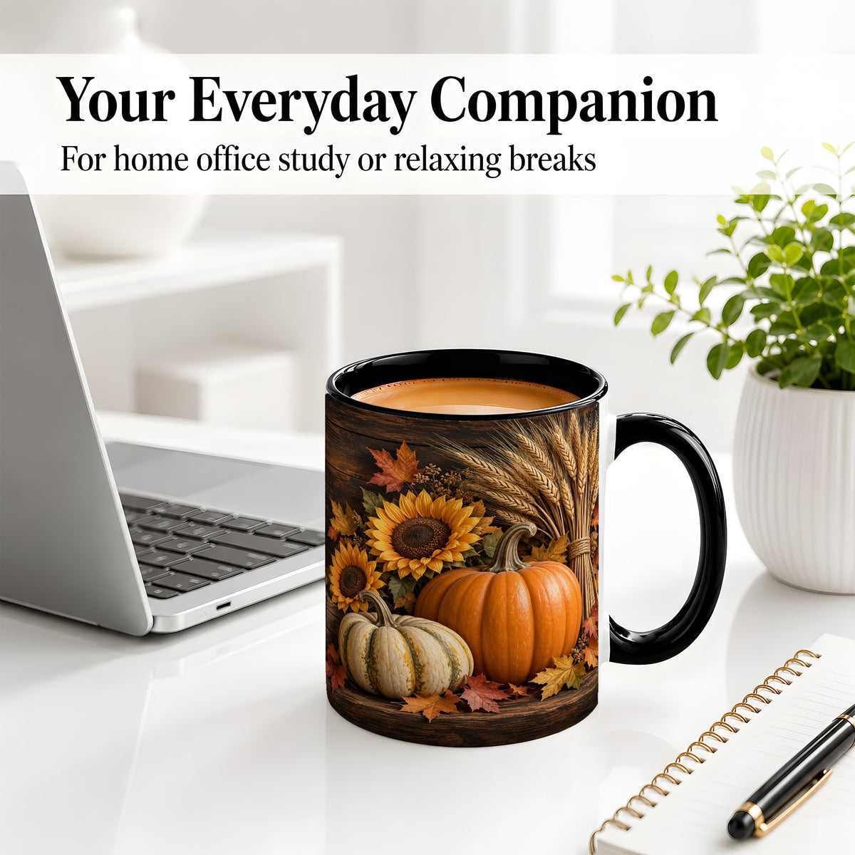 #pl[11oz|Black] Pumpkin Sunflower Harvest Ceramic Mug with Wheat and Fall Leaves