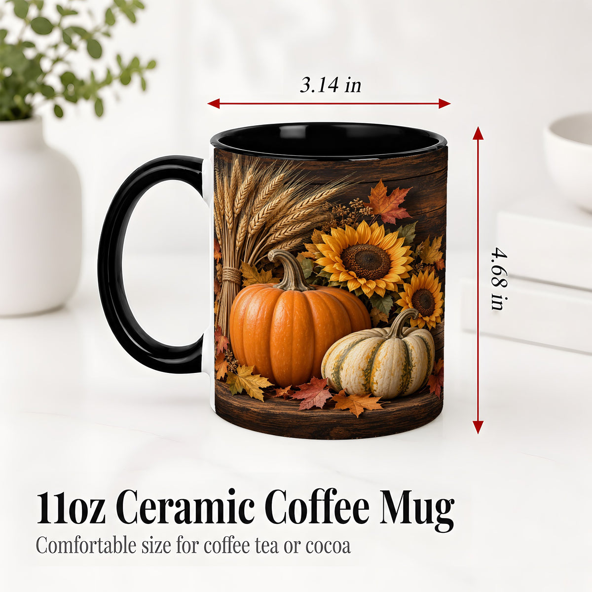#pl[11oz|Black] Pumpkin Sunflower Harvest Ceramic Mug with Wheat and Fall Leaves