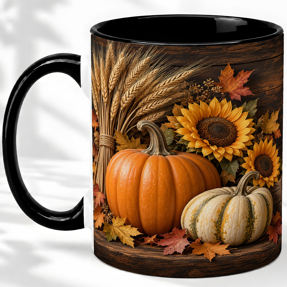 #pl[11oz|Black] Pumpkin Sunflower Harvest Ceramic Mug with Wheat and Fall Leaves