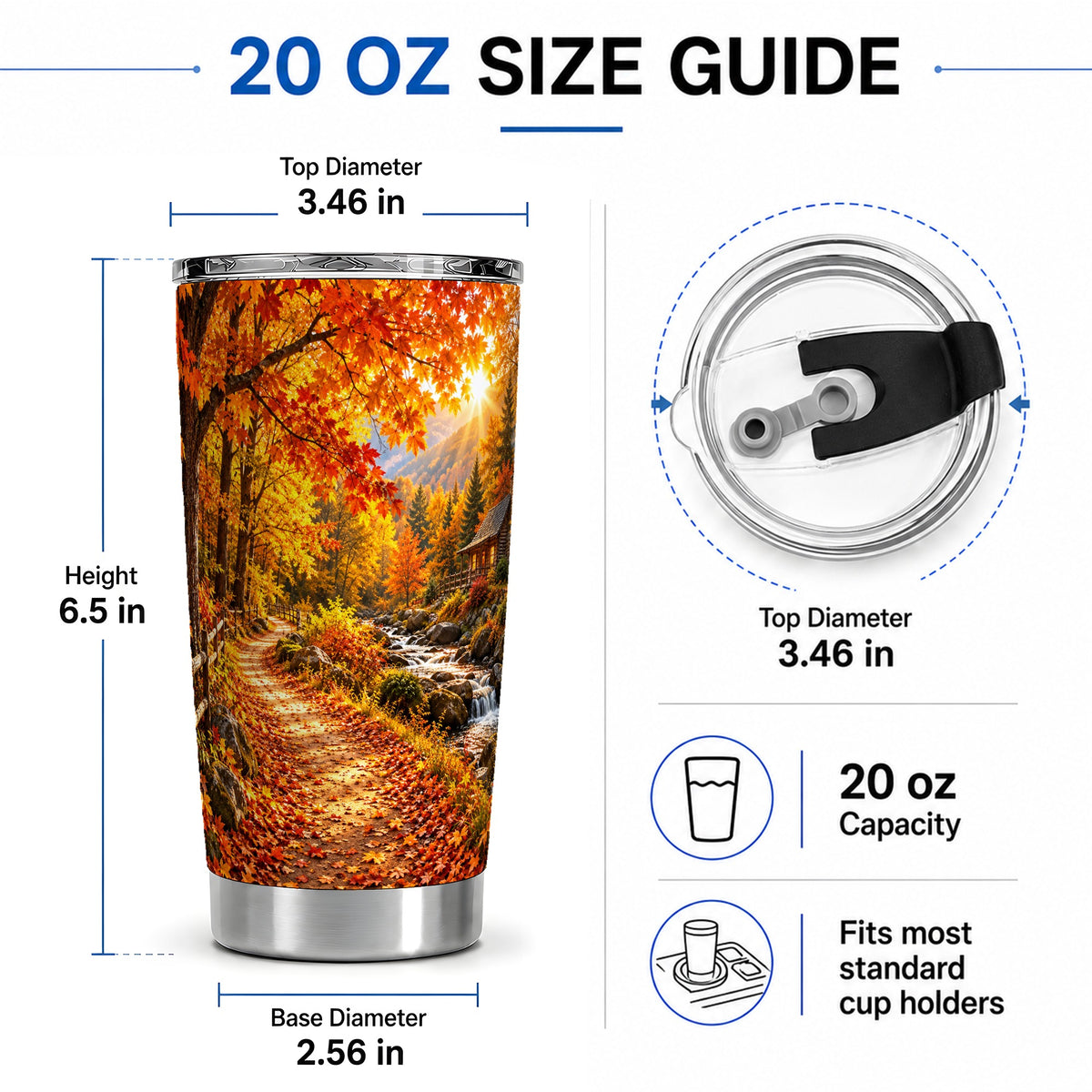 #pl[20oz|Steel] Autumn Cabin 20oz Tumbler with Forest, Creek and Fall Leaf Artwork