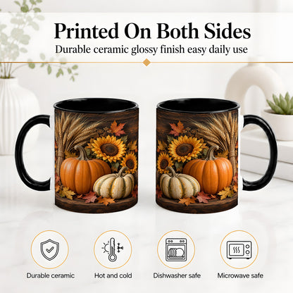 #pl[11oz|Black] Pumpkin Sunflower Harvest Ceramic Mug with Wheat and Fall Leaves
