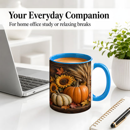 #pl[11oz|Blue] Pumpkin Sunflower Harvest Ceramic Mug with Wheat and Fall Leaves