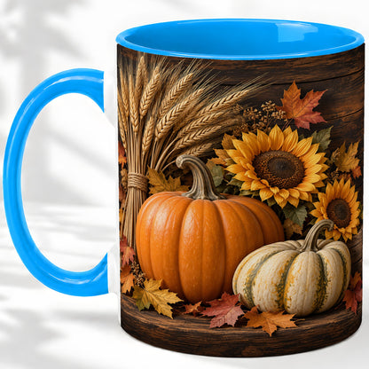 #pl[11oz|Blue] Pumpkin Sunflower Harvest Ceramic Mug with Wheat and Fall Leaves
