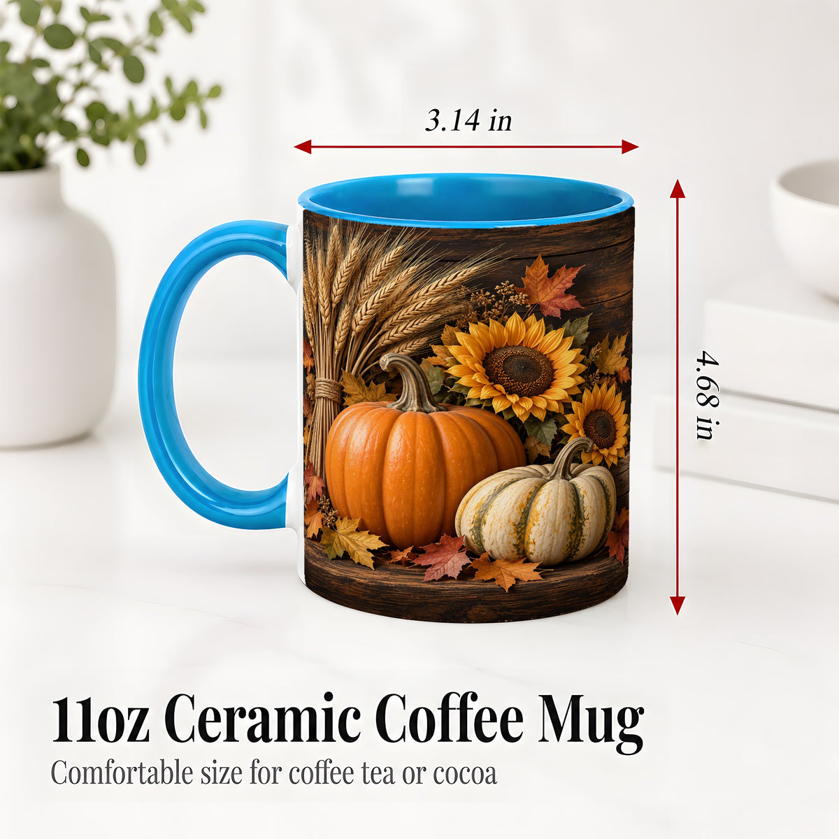#pl[11oz|Blue] Pumpkin Sunflower Harvest Ceramic Mug with Wheat and Fall Leaves
