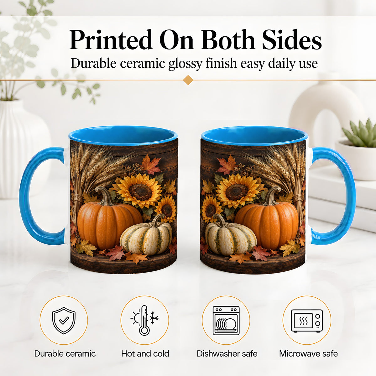#pl[11oz|Blue] Pumpkin Sunflower Harvest Ceramic Mug with Wheat and Fall Leaves