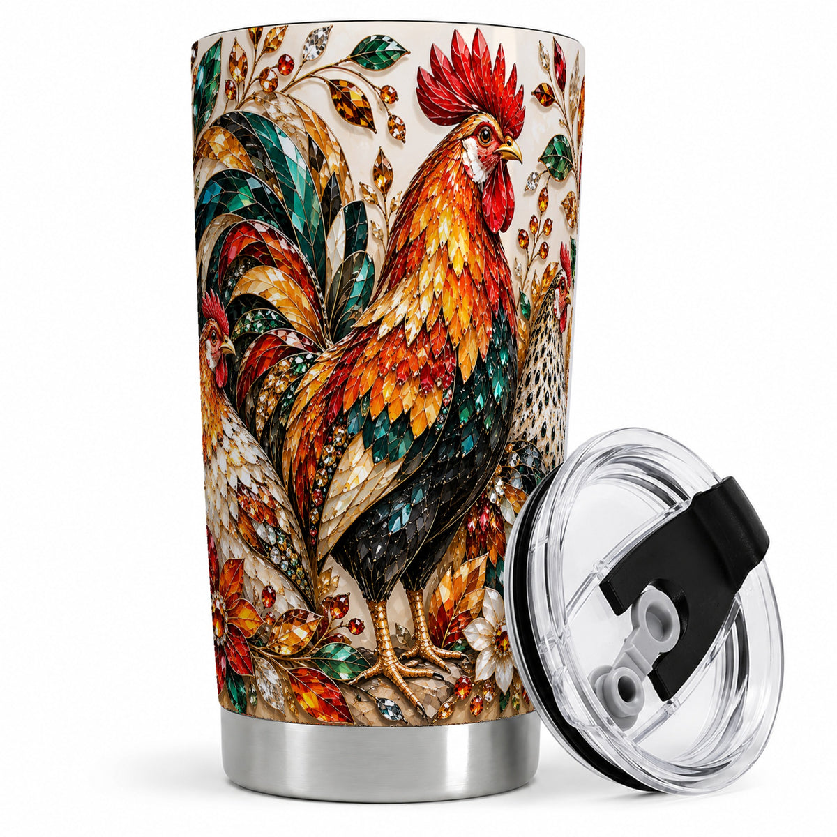 #pl[20oz|Steel] Autumn Chicken 20oz Tumbler with Rooster and Gemstone Style Artwork
