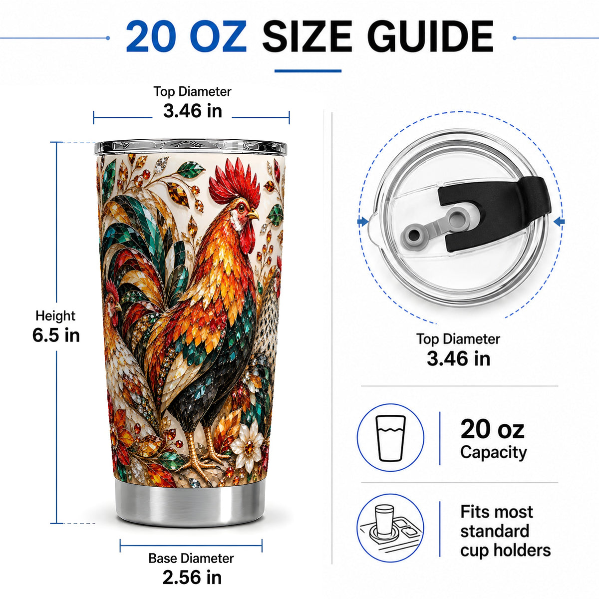 #pl[20oz|Steel] Autumn Chicken 20oz Tumbler with Rooster and Gemstone Style Artwork