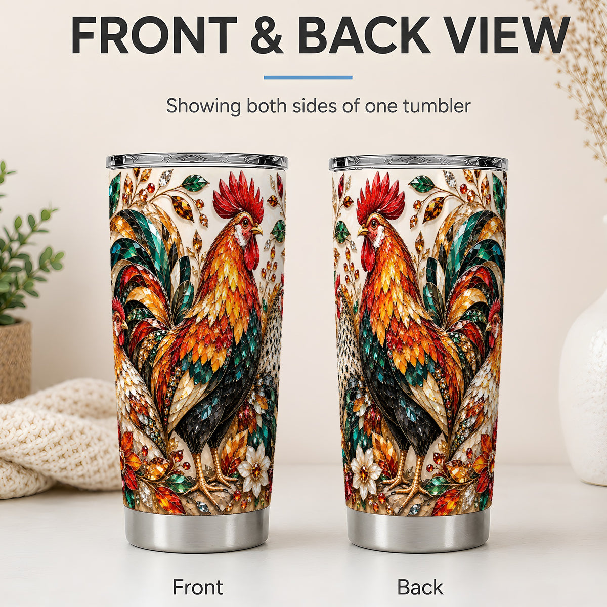#pl[20oz|Steel] Autumn Chicken 20oz Tumbler with Rooster and Gemstone Style Artwork