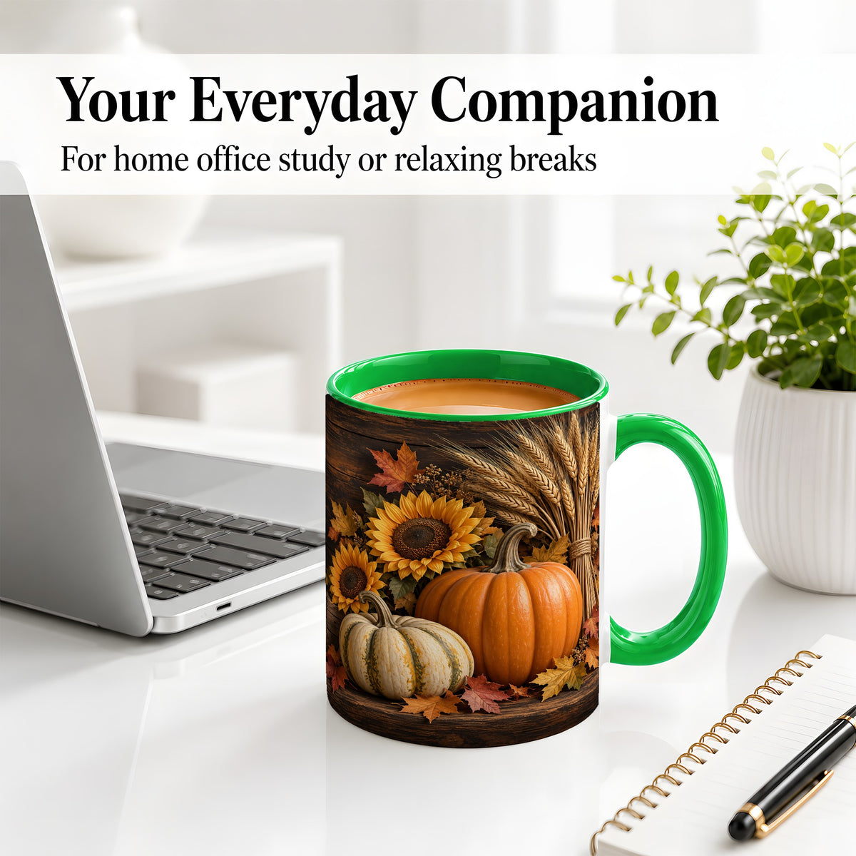 #pl[11oz|Green] Pumpkin Sunflower Harvest Ceramic Mug with Wheat and Fall Leaves