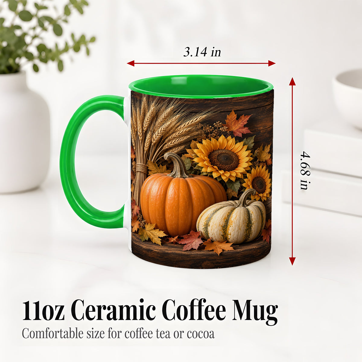 #pl[11oz|Green] Pumpkin Sunflower Harvest Ceramic Mug with Wheat and Fall Leaves