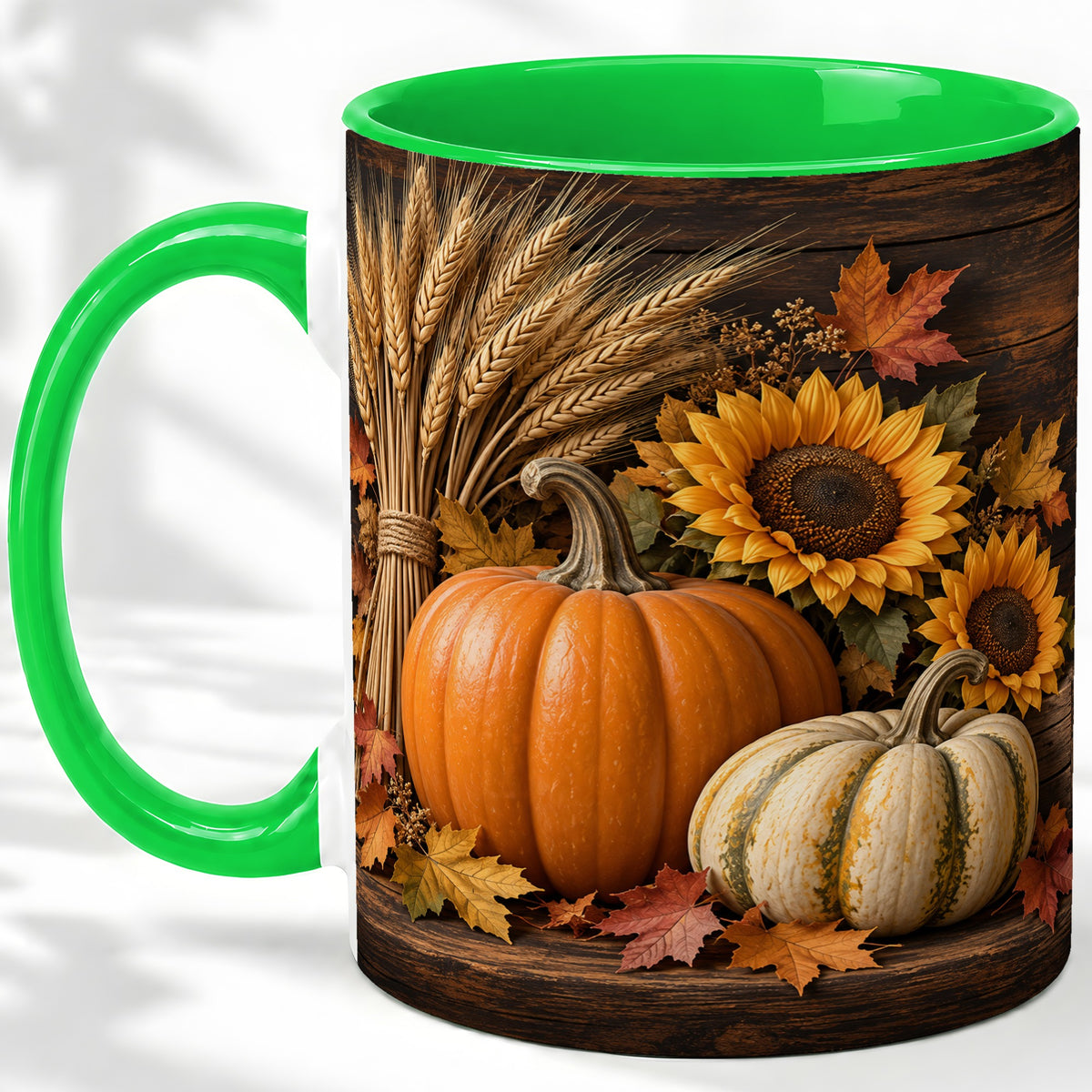 #pl[11oz|Green] Pumpkin Sunflower Harvest Ceramic Mug with Wheat and Fall Leaves