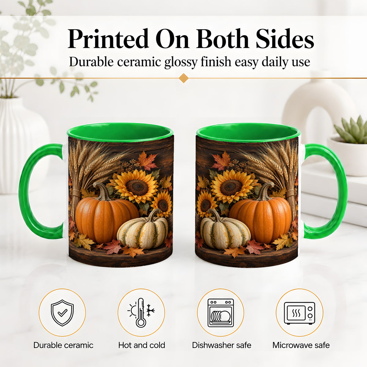 #pl[11oz|Green] Pumpkin Sunflower Harvest Ceramic Mug with Wheat and Fall Leaves