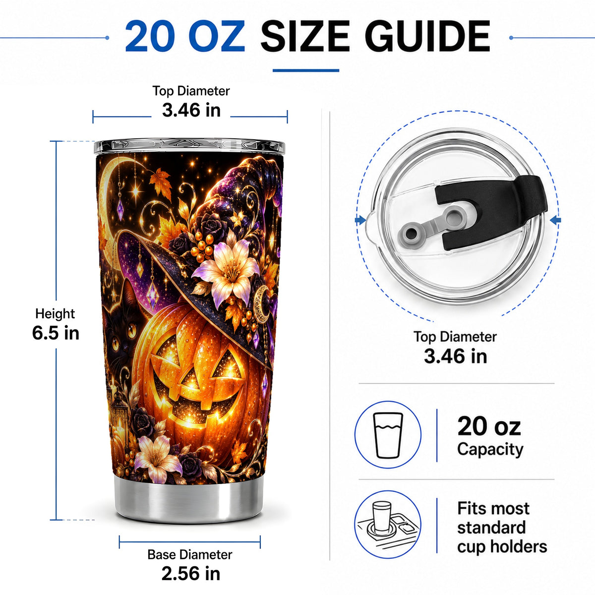 #pl[20oz|Steel] Halloween Cat 20oz Tumbler with Pumpkin, Witch Hat and Moon Artwork