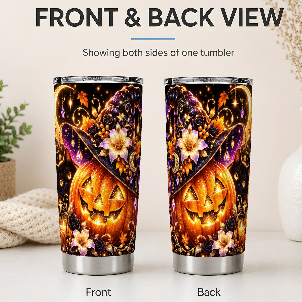 #pl[20oz|Steel] Halloween Cat 20oz Tumbler with Pumpkin, Witch Hat and Moon Artwork