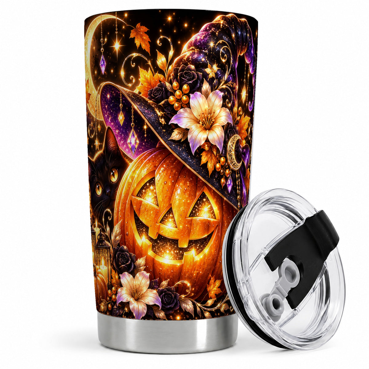 #pl[20oz|Steel] Halloween Cat 20oz Tumbler with Pumpkin, Witch Hat and Moon Artwork