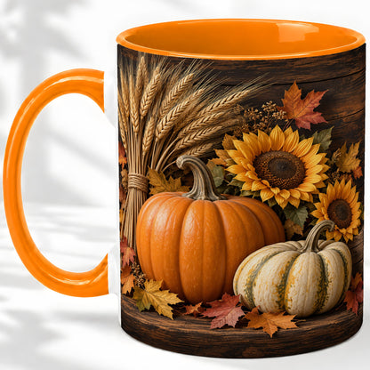 #pl[11oz|Orange] Pumpkin Sunflower Harvest Ceramic Mug with Wheat and Fall Leaves