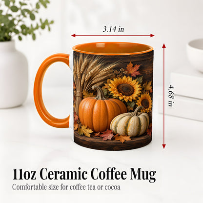 #pl[11oz|Orange] Pumpkin Sunflower Harvest Ceramic Mug with Wheat and Fall Leaves