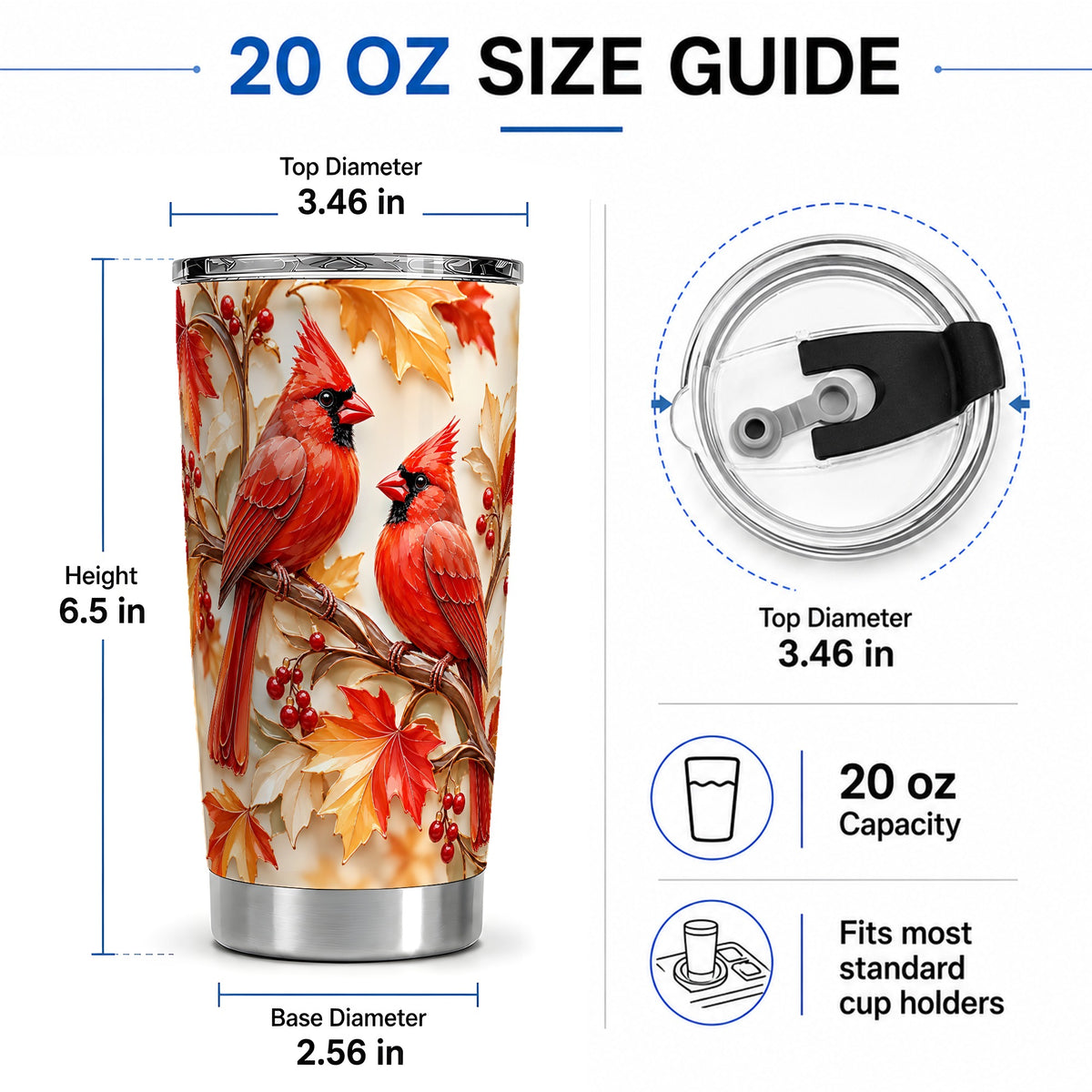 #pl[20oz|Steel] Autumn Cardinal 20oz Tumbler with Maple Leaves and Red Berry Artwork