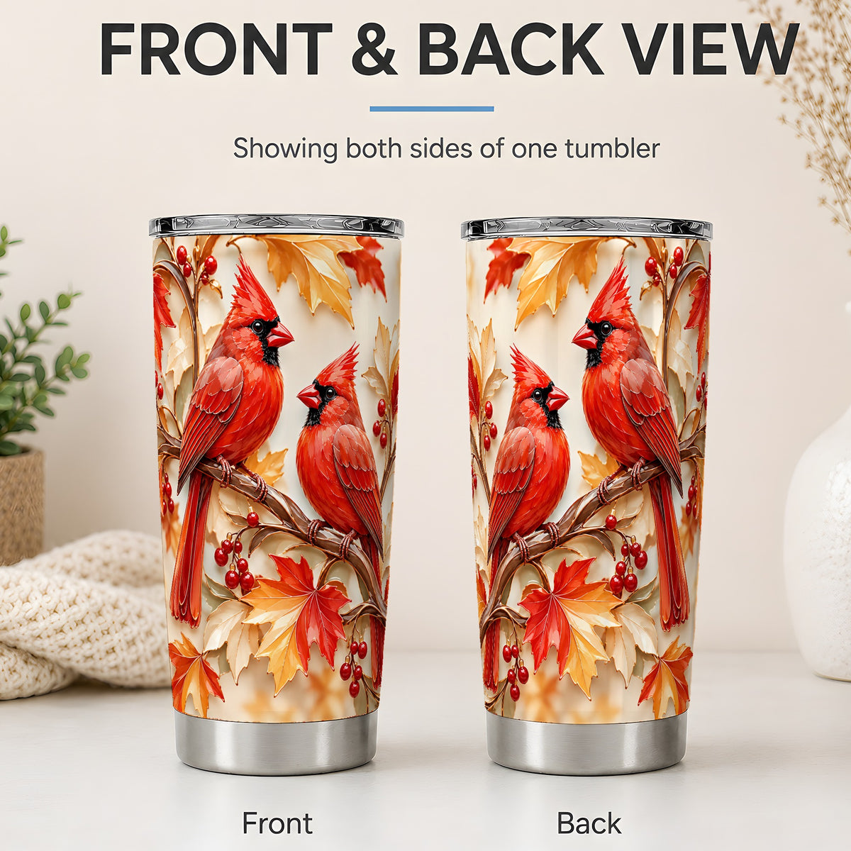 #pl[20oz|Steel] Autumn Cardinal 20oz Tumbler with Maple Leaves and Red Berry Artwork