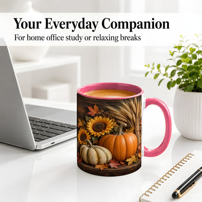 #pl[11oz|Pink] Pumpkin Sunflower Harvest Ceramic Mug with Wheat and Fall Leaves