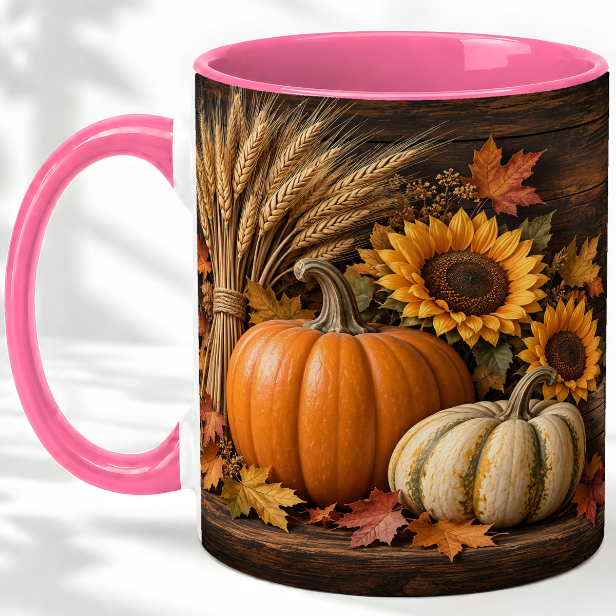 #pl[11oz|Pink] Pumpkin Sunflower Harvest Ceramic Mug with Wheat and Fall Leaves