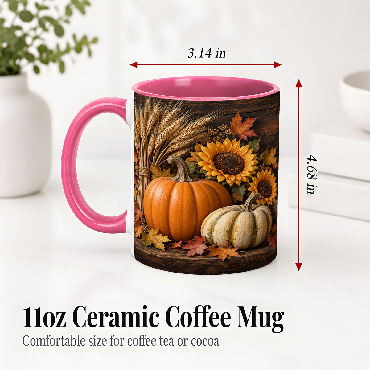 #pl[11oz|Pink] Pumpkin Sunflower Harvest Ceramic Mug with Wheat and Fall Leaves
