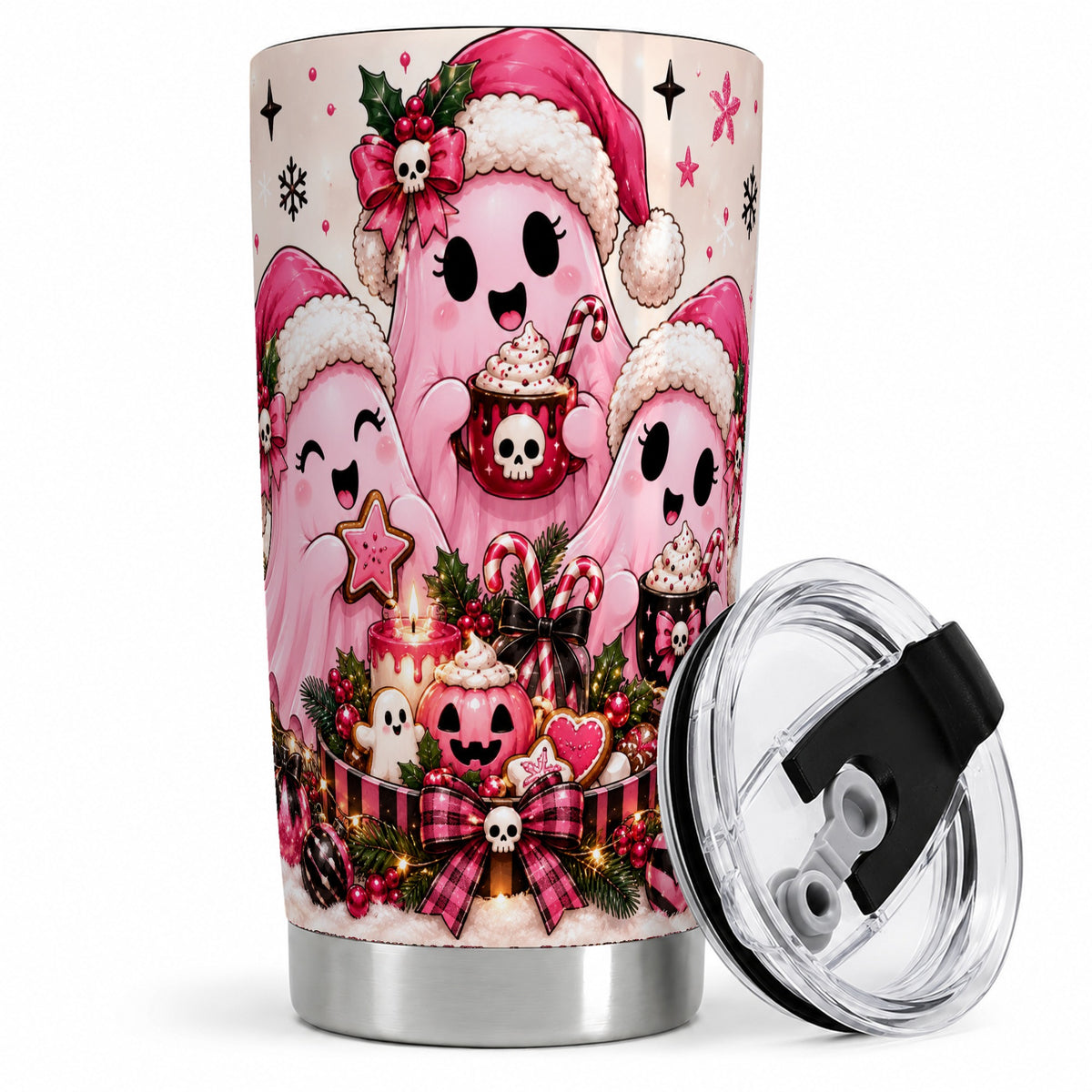 #pl[20oz|Steel] Pink Spooky Christmas Ghost 20oz Tumbler, Stainless Steel Drinkware
