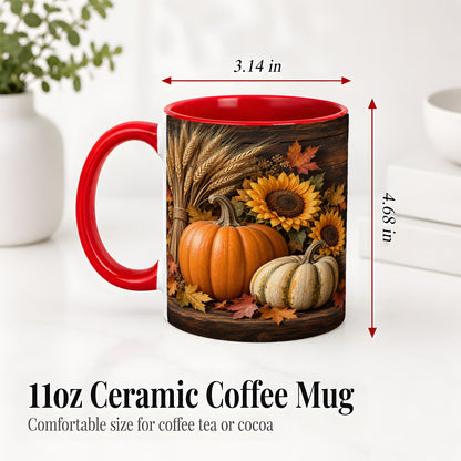 #pl[11oz|Red] Pumpkin Sunflower Harvest Ceramic Mug with Wheat and Fall Leaves