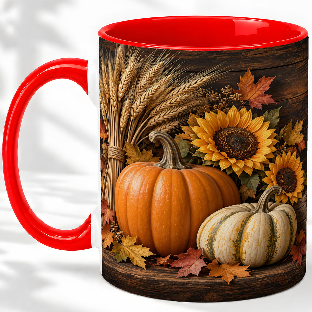 Pumpkin Sunflower Harvest Ceramic Mug with Wheat and Fall Leaves