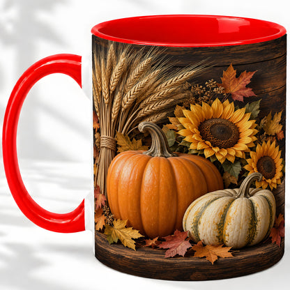 Pumpkin Sunflower Harvest Ceramic Mug with Wheat and Fall Leaves
