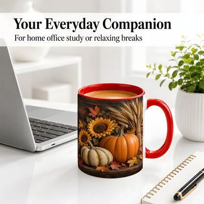#pl[11oz|Red] Pumpkin Sunflower Harvest Ceramic Mug with Wheat and Fall Leaves