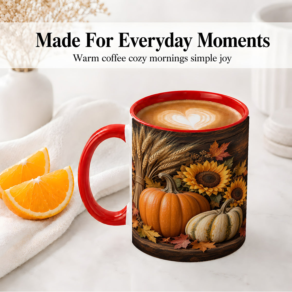 #pl[11oz|Red] Pumpkin Sunflower Harvest Ceramic Mug with Wheat and Fall Leaves