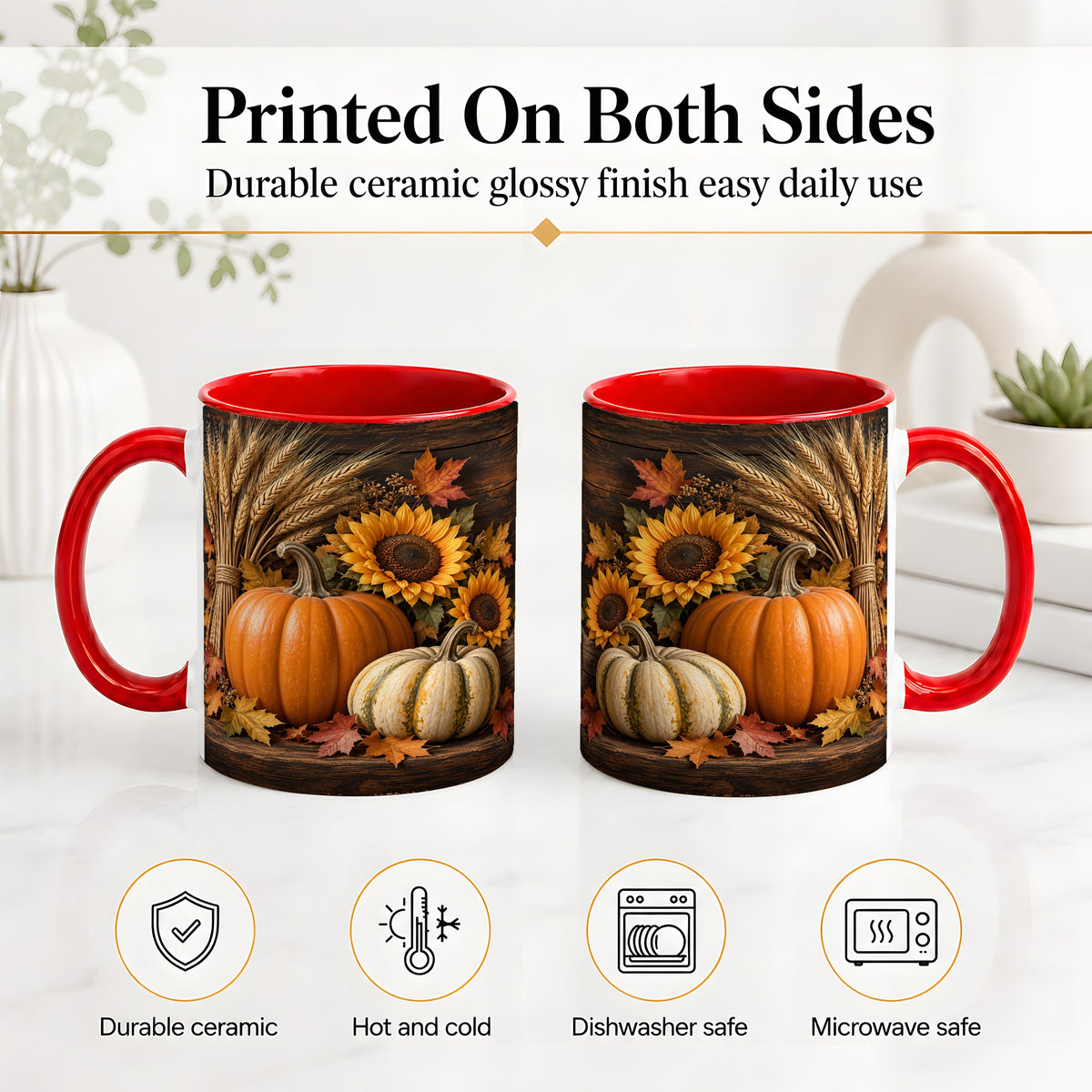 #pl[11oz|Red] Pumpkin Sunflower Harvest Ceramic Mug with Wheat and Fall Leaves