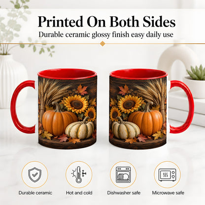 #pl[11oz|Red] Pumpkin Sunflower Harvest Ceramic Mug with Wheat and Fall Leaves