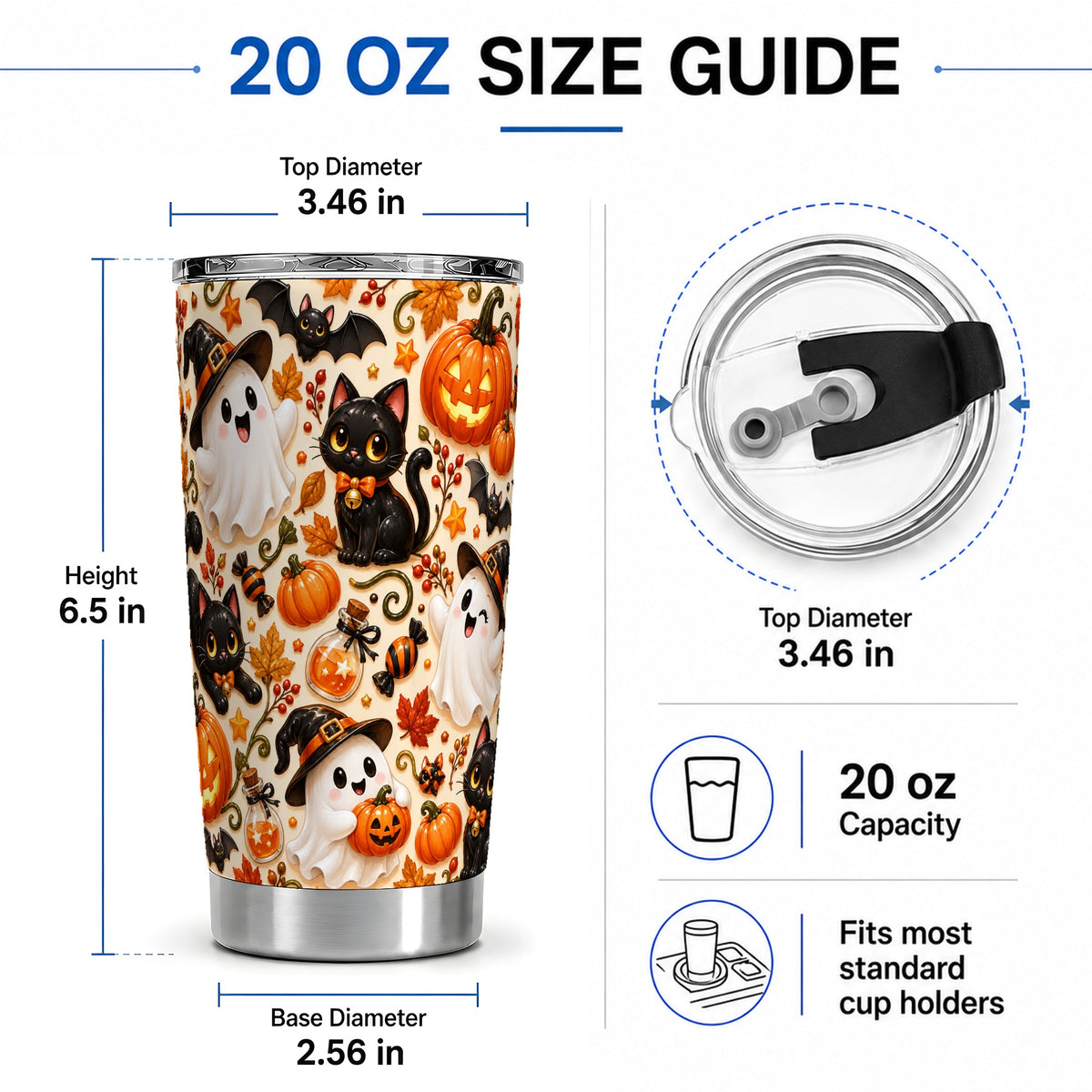 #pl[20oz|Steel] Cute Halloween Cat Ghost 20oz Tumbler, Stainless Steel Pattern Drinkware