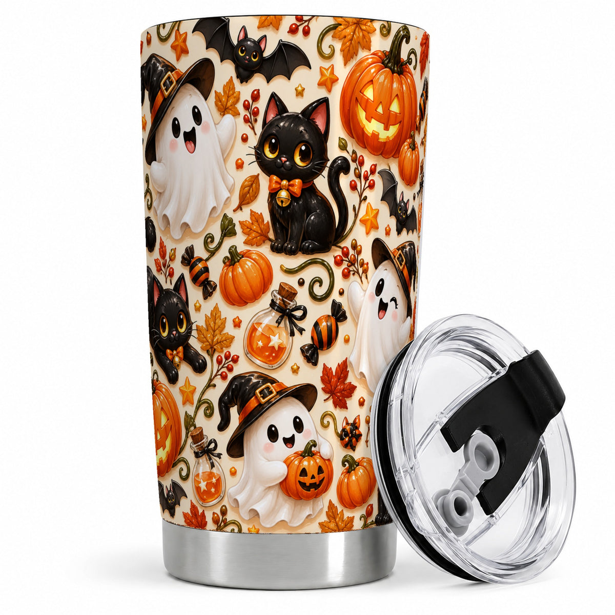 #pl[20oz|Steel] Cute Halloween Cat Ghost 20oz Tumbler, Stainless Steel Pattern Drinkware