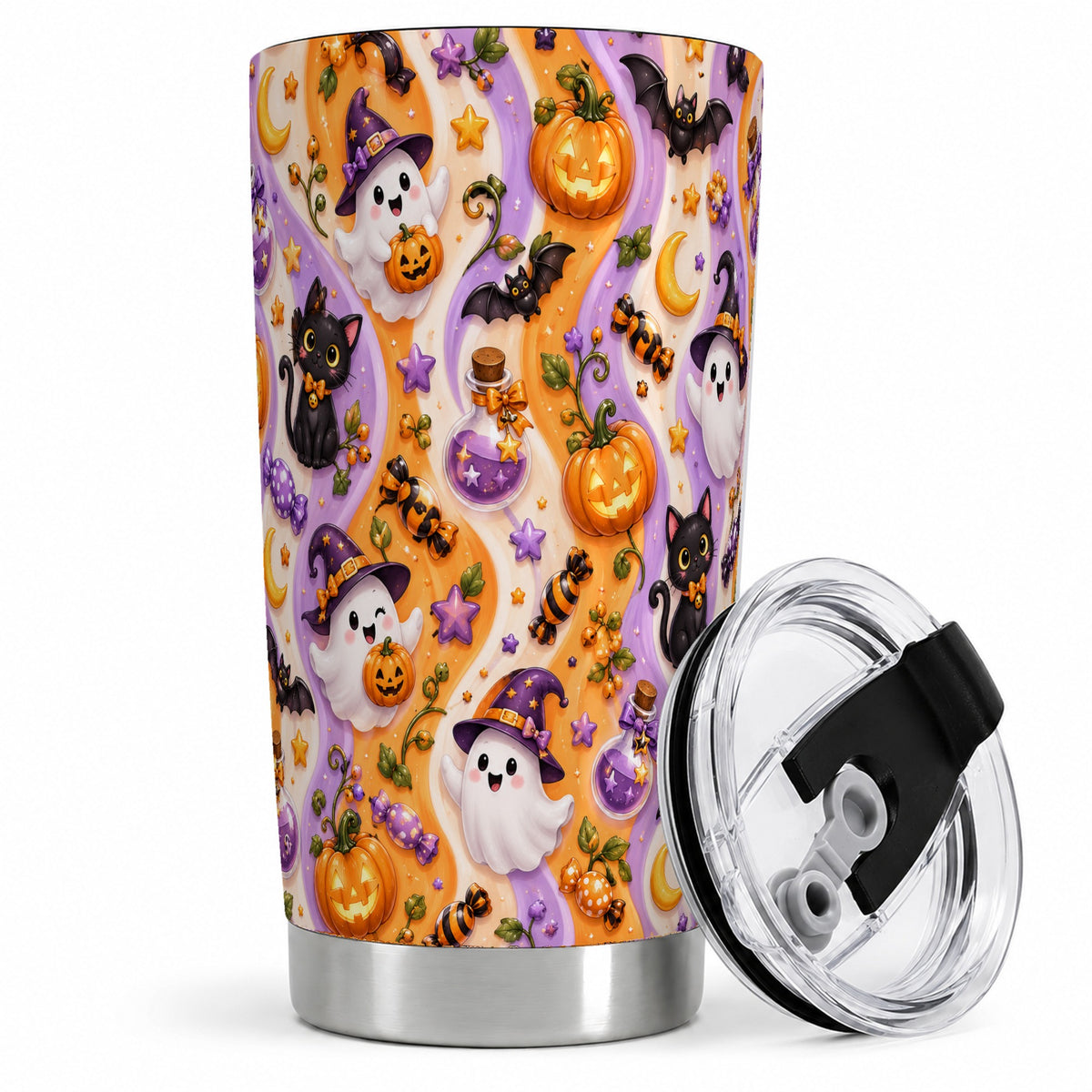 #pl[20oz|Steel] Purple Halloween Ghost Cat 20oz Tumbler, Stainless Steel Pattern Drinkware