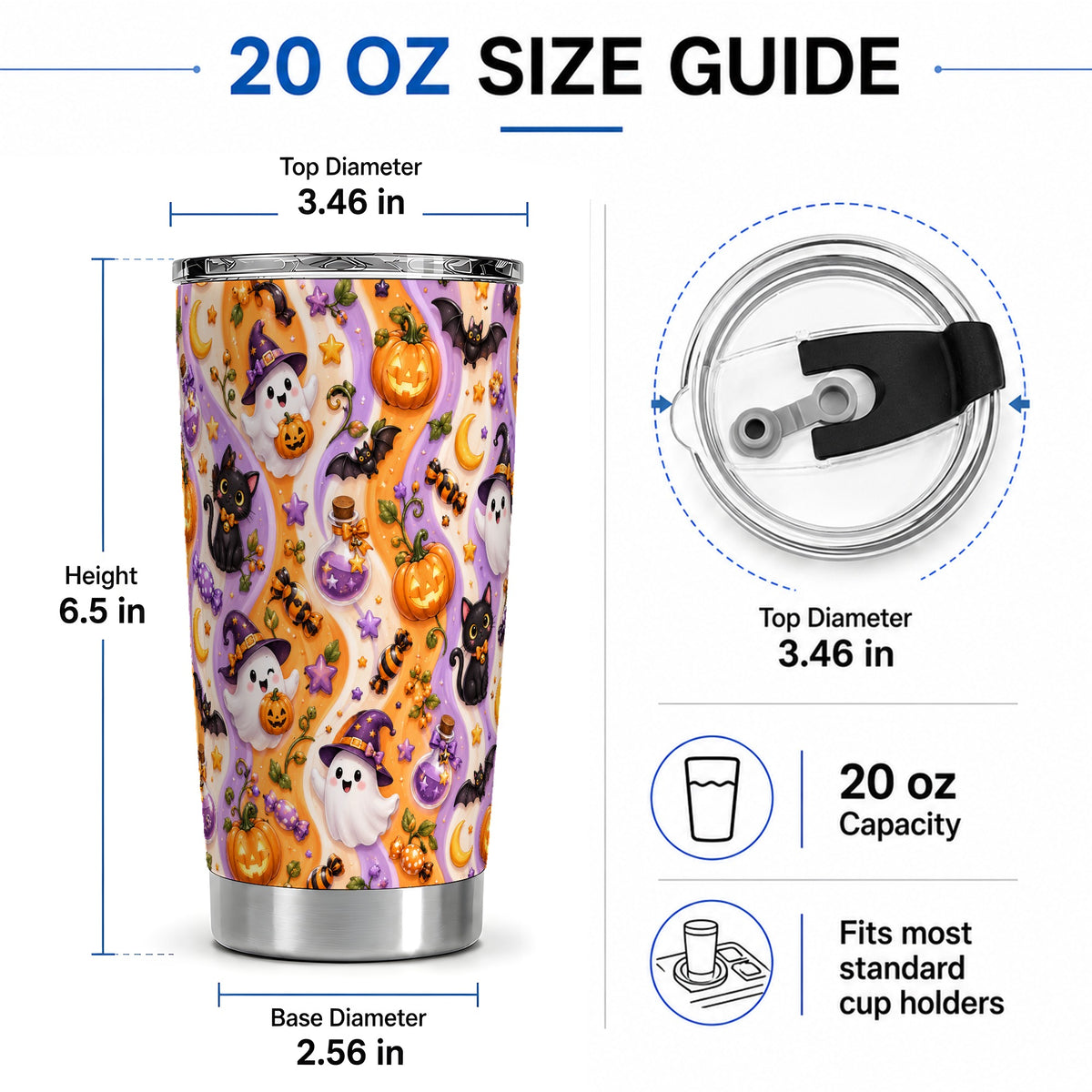 #pl[20oz|Steel] Purple Halloween Ghost Cat 20oz Tumbler, Stainless Steel Pattern Drinkware